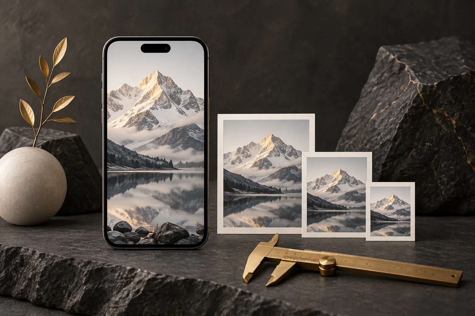 Телефон с фотографией и три варианта изображения разного размера