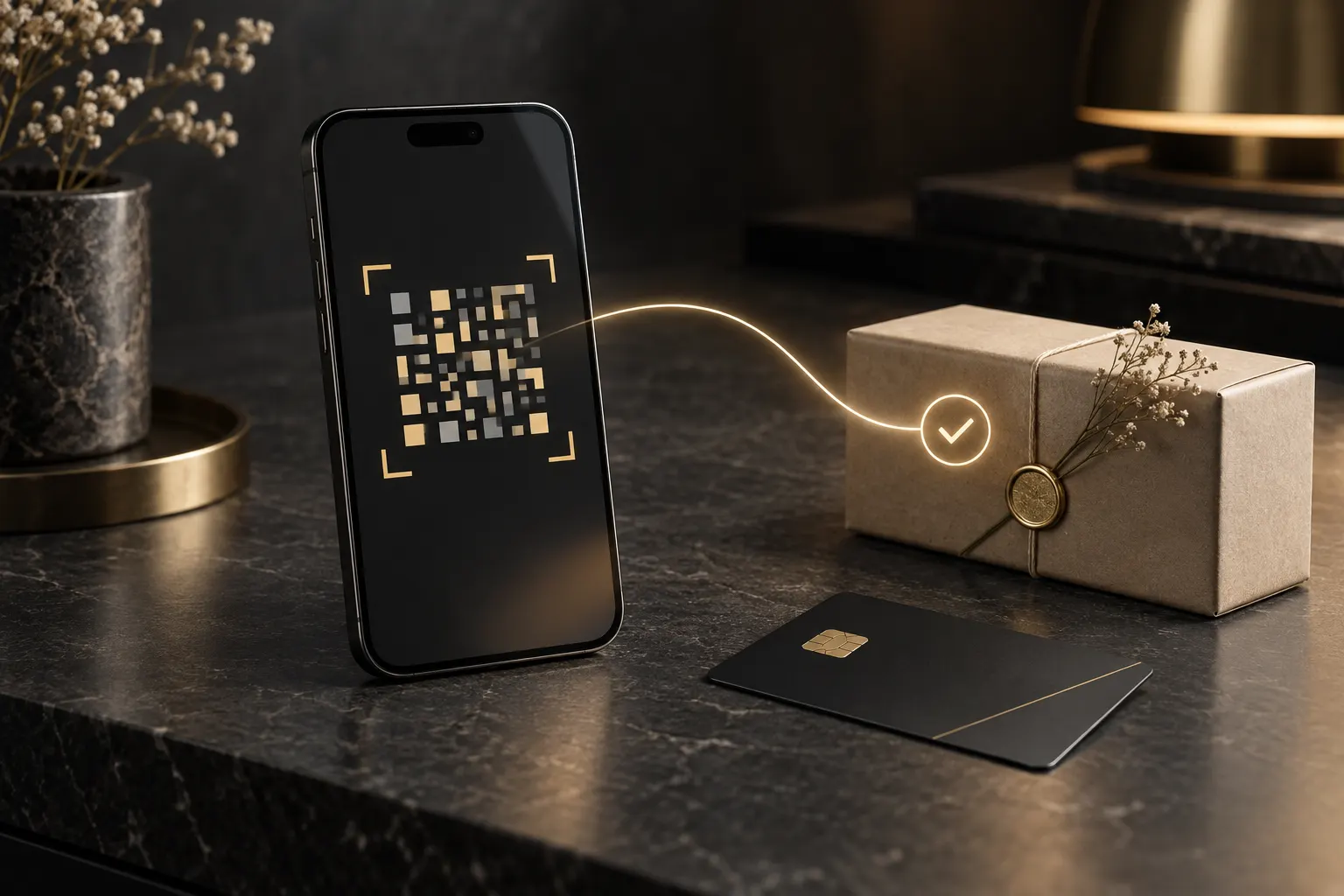 Смартфон с QR-кодом, банковская карта и посылка